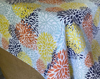 Colorful Floral Tablecloth Mums Table Cover Dining Room Kitchen Table Linens Starburst Sunburst Home Decor Yellow Orange Blue Overlay