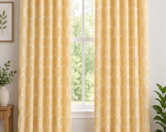 Yellow Honeycomb Curtain Panels: Childrens Playroom, Honeybee Nursery Home Decor, Custom Valance or Drapery Shade, Set of 2