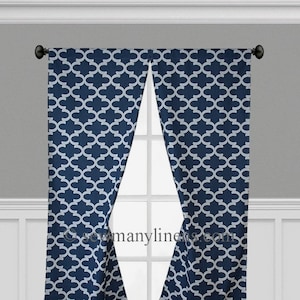 Navy Blue Curtains Quatrefoil Lattice Trellis Curtain Panels Window Treatments Boho Home Decor Geometric Modern Custom Drapes Shade