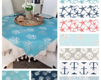 Nautical Coastal Tablecloth Beach House Home Decor Table Linens Navy Aqua Blue Coral Gray Starfish Anchor Sailboat