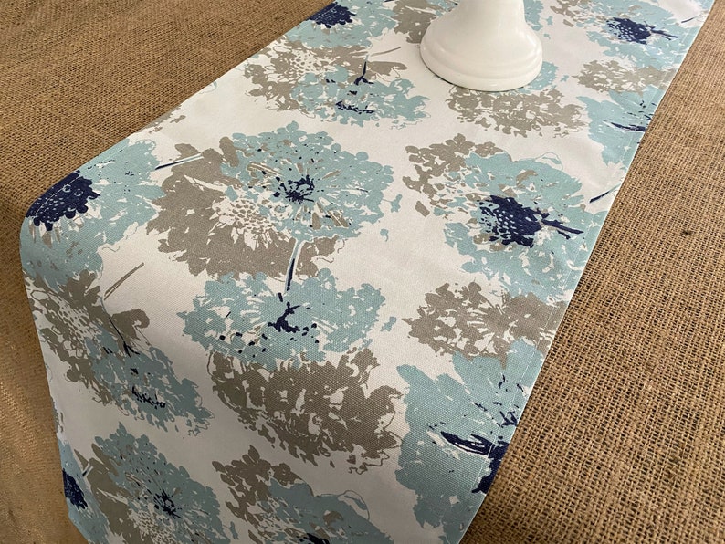 Spa Blue Table Runner Blue & Gray Floral Table Centerpiece Dining Room Decor Modern Vintage Style Table Runner Eclectic Home Decor
