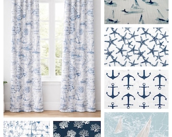 Nautical Curtains - Coastal Decor Window Panels - Beach House Decor - Anchor, Starfish, Compass, Sailboat Prints
