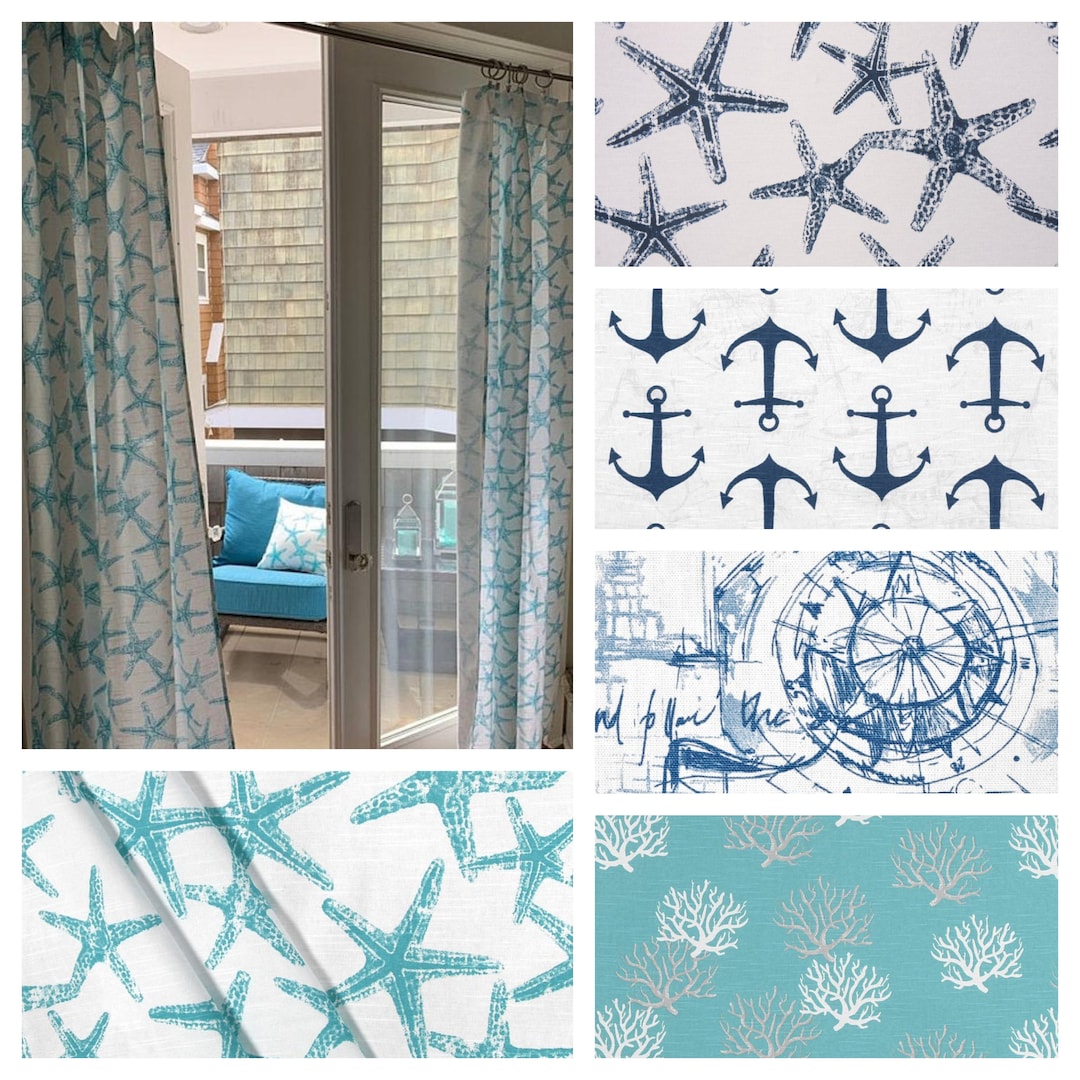 Nautical Curtains Beach House Curtain Panels Aqua Navy Blue Valance