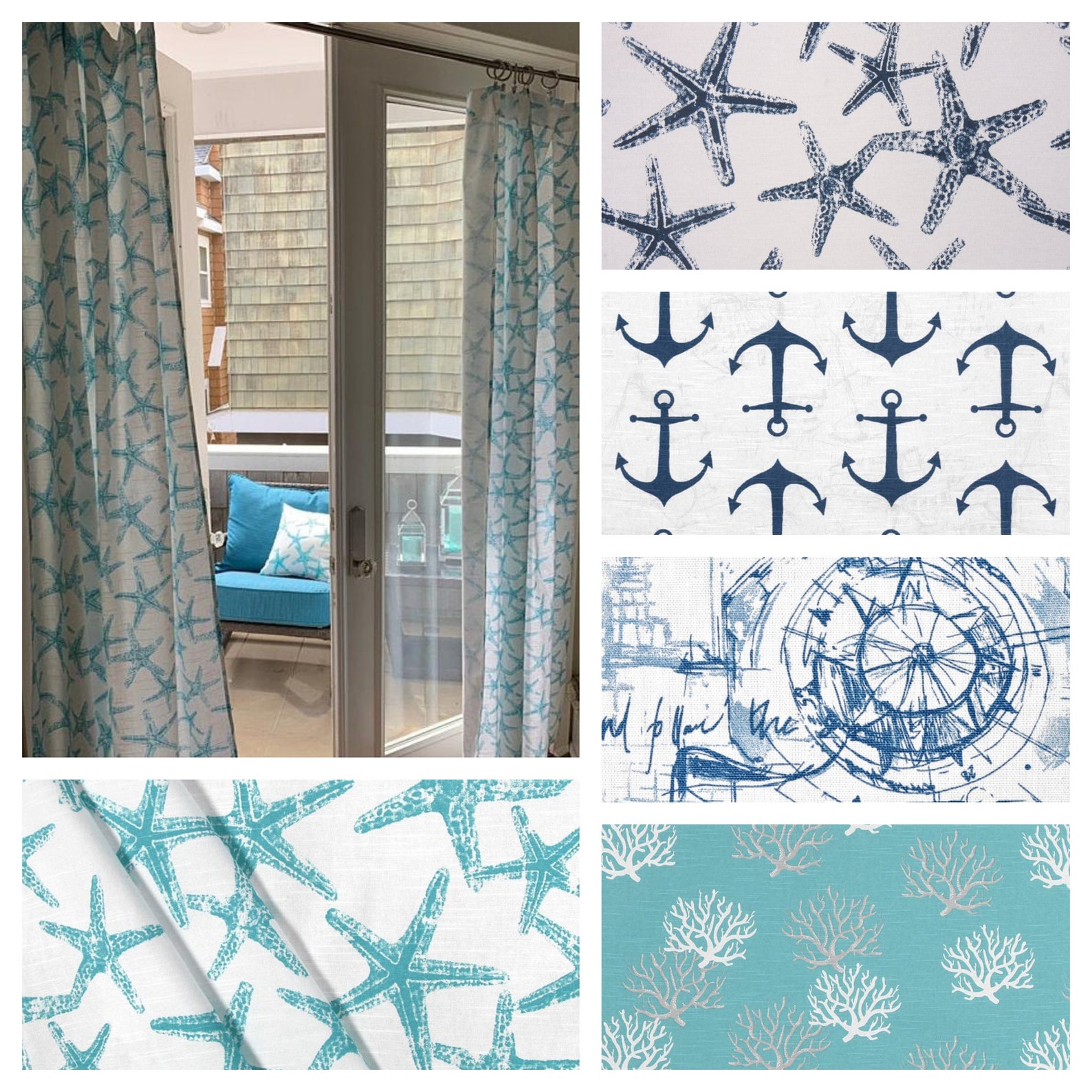 Nautical Curtains Beach House Curtain Panels Aqua Navy Blue Etsy
