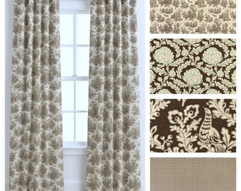 Brown Cream Curtains French Colonial Classic Home Decor Window Treatments Toile Floral Bird Panels 25-50" Pair Custom Drapery Valance