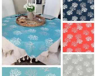 Nautical Coastal Tablecloth Aqua Blue Coral Gray Beach House Home Decor Coral Reef Table Linens