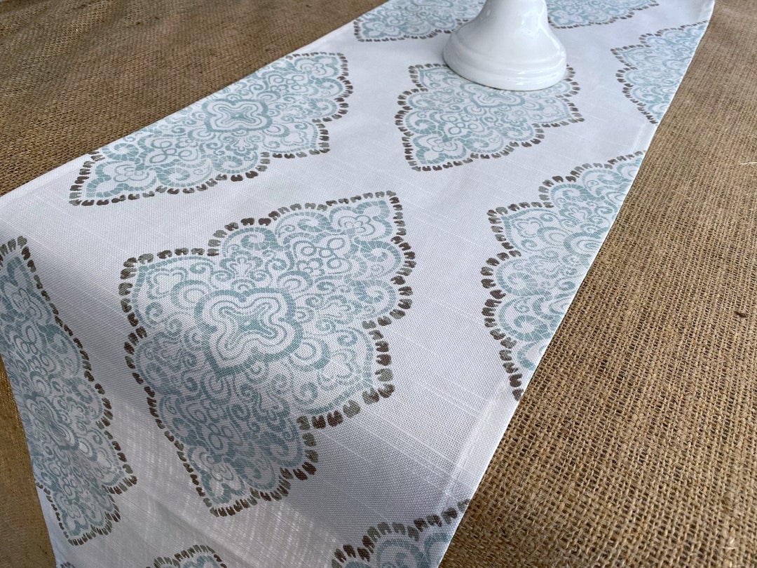 Medallion Table Runner Aqua Blue Table Runner Centerpiece Taupe Home Decor Dining Room Linens