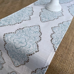 Medallion Table Runner Aqua Blue Table Runner Centerpiece Taupe Home Decor Dining Room Linens Vintage Home Decor Custom Sizes