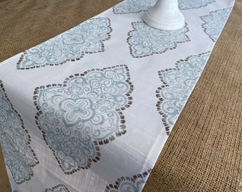 Medallion Table Runner Aqua Blue Table Runner Centerpiece Taupe Home Decor Dining Room Linens Vintage Home Decor Custom Sizes