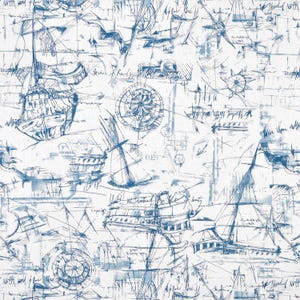 May include: White nautical-themed wallpaper with a blue sketch design. The design includes sailboats, compasses, and handwritten script. The overall aesthetic is reminiscent of vintage maps and maritime charts.