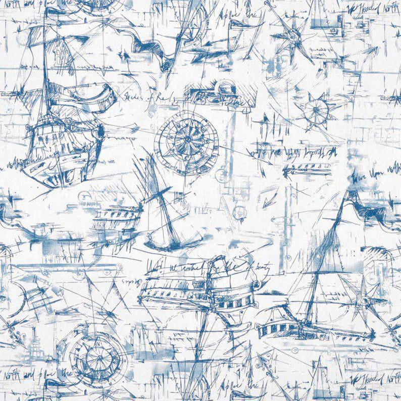 May include: White nautical-themed wallpaper with a blue sketch design. The design includes sailboats, compasses, and handwritten script. The overall aesthetic is reminiscent of vintage maps and maritime charts.