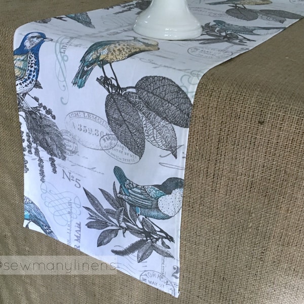 Bird Table Runner Nature Rustic Home Decor Turquoise Gray Table Runner Centerpiece Kitchen Dining Table Linens Vintage Garden Home Decor