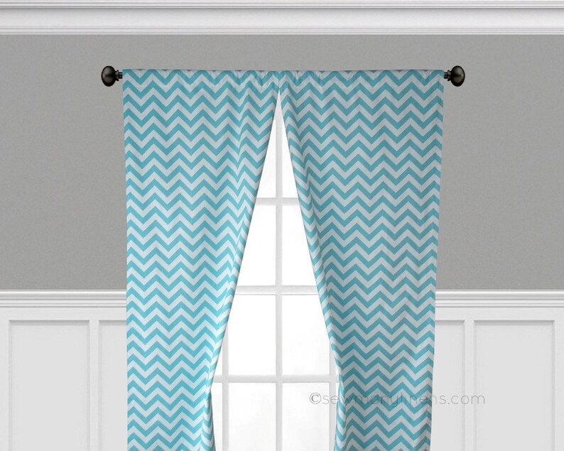 Aqua Blue Curtains Window Treatments Chevron Stripe Curtain Etsy