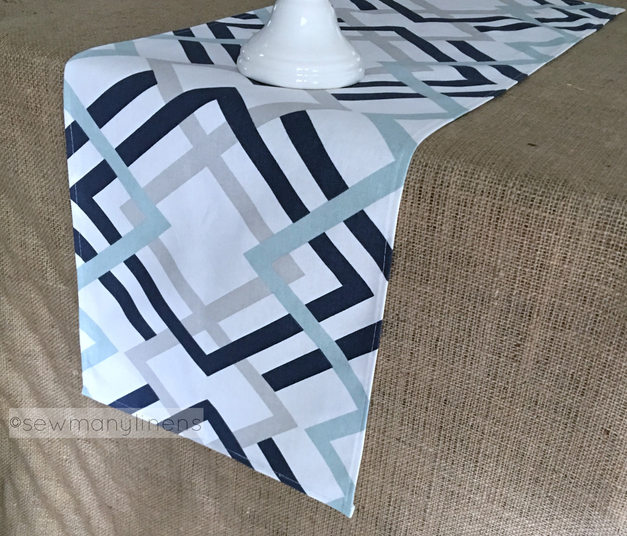Navy Blue Table Runner Aqua Blue Gray Pattern Runner Home Etsy