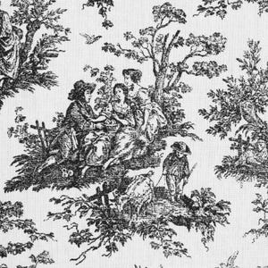 May include: Black and white toile fabric featuring a pastoral scene with figures, trees, and architectural elements. The detailed illustration depicts people in period clothing, creating a classic, elegant aesthetic. The fabric is suitable for various home decor projects.