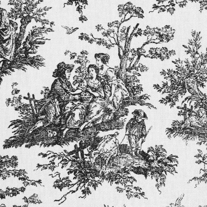 May include: Black and white toile fabric featuring a pastoral scene with figures, trees, and architectural elements. The detailed illustration depicts people in period clothing, creating a classic, elegant aesthetic. The fabric is suitable for various home decor projects.