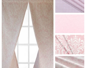 Light Pink Curtain Panels: Baby Girl Nursery Home Decor, Plaid Toile Floral Valance Shade, Window Treatments, Custom Drapery