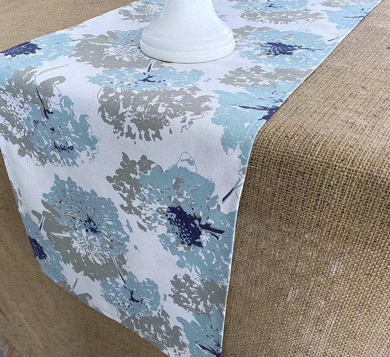 Spa Blue Table Runner Blue & Gray Floral Table Centerpiece Dining Room Decor Modern Vintage Style Table Runner Eclectic Home Decor image 1