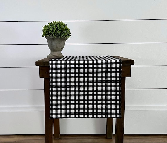 Black Plaid Table Runner: Gingham Check Country Farmhouse Kitchen Centerpiece, Dining Room Linens, Rustic Home Decor