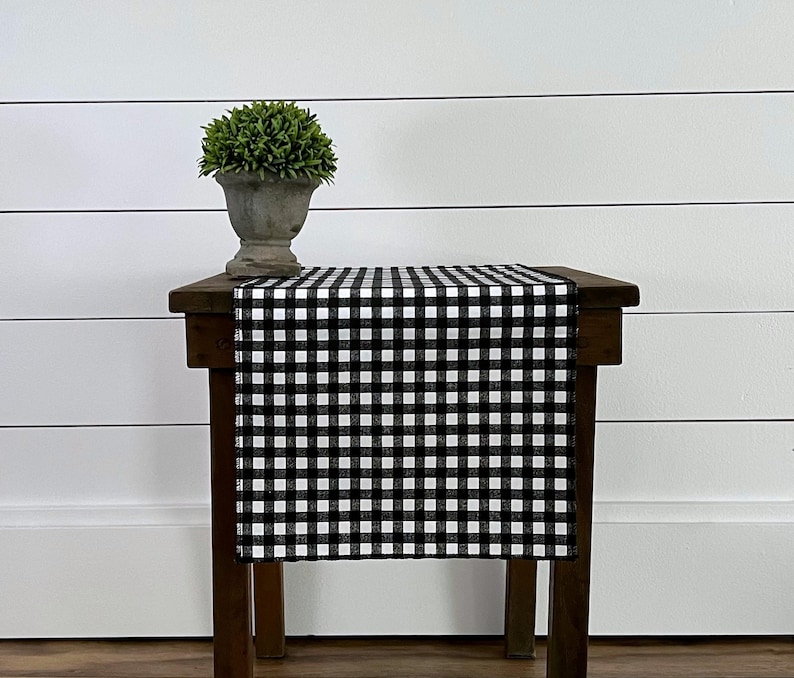 Black Plaid Table Runner: Gingham Check Country Farmhouse Kitchen Centerpiece, Dining Room Linens, Rustic Home Decor