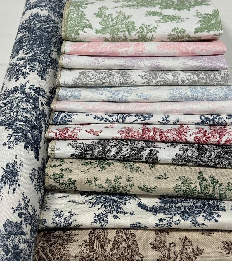 Toile Fabric By the Yard French Colonial Home Decor Pink Blue Black & White Medium Upholstery Grade Cotton Sewing Craft Supplies image 2