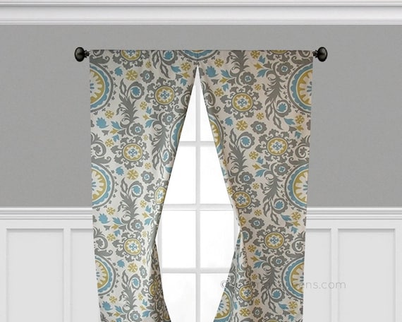 Gray Blue Yellow Curtains Window Treatments Floral Curtain Etsy