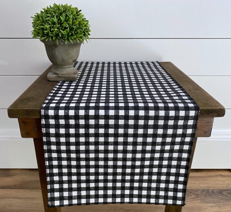 Black Plaid Table Runner: Gingham Check Country Farmhouse Kitchen Centerpiece, Dining Room Linens, Rustic Home Decor