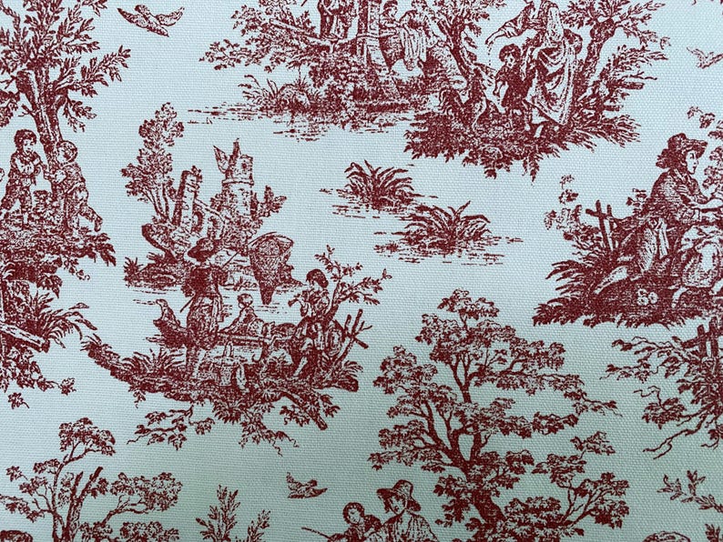 May include: A fabric with a repeating toile pattern in burgundy on a light blue background. The design depicts scenes of people, trees, and buildings. The fabric has a classic, vintage aesthetic.