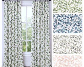 Floral Leaf Curtains: Green Blue Gray Pink Eucalyptus Vine Window Treatments,  English Country Cottage Home Decor, Valance Shade Drapery