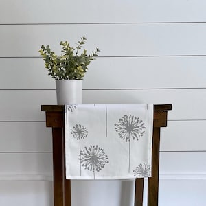 Puede incluir: Un camino de mesa blanco con un diseño de diente de león gris está sobre una mesa de madera marrón oscuro. Una maceta blanca con follaje verde también está sobre la mesa. El fondo es una pared blanca con tablones de madera horizontales.