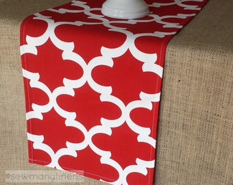 Red Table Runner Moroccan Decor Boho Quatrefoil Lattice Dining Room Home Decor Table Centerpiece Red and White Linens Kitchen Runner