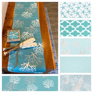 Coastal Home Decor Nautical Table Runner Aqua Blue Linens Beach House Decoration Dining Room Sailboat Starfish Sea Shell Housewarming Gift