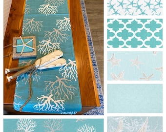 Coastal Home Decor Nautical Table Runner Aqua Blue Table Linens Beach House Home Decor Dining Room Linens Sailboat Starfish Decor