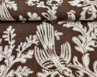 Brown Toile Bird Fabric By the Yard Home Decor Heavy Weight Upholstery Linen Cotton Colonial Sewing Craft Supplies Decor