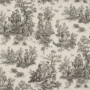 May include: Cream-colored fabric with a repeating toile pattern in black. The design depicts scenes of people in a pastoral setting, including figures, trees, and animals. The overall aesthetic is classic and detailed, suitable for various home decor projects.