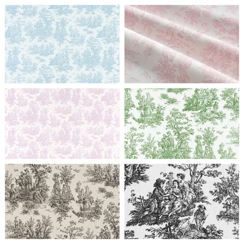 May include: Collection of six fabric swatches featuring toile de Jouy patterns. The fabrics display scenes in various colors, including blue, pink, lavender, and green, with black and white options. The designs depict pastoral scenes with figures and landscapes.