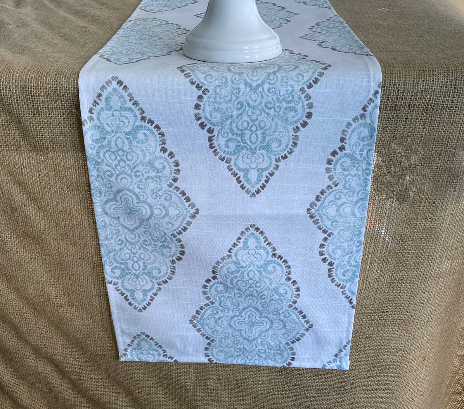 Medallion Table Runner Aqua Blue Table Runner Table Etsy