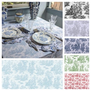 May include: A white tablecloth with a blue toile pattern featuring a pastoral scene. Two place settings are set with white plates with blue trim and blue floral designs. The table is set with two glasses and a teapot.