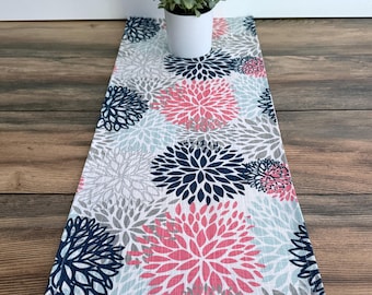 Blue Floral Table Runner Gray Coral Blooming Mums Centerpiece Dining Room Home Decor Vintage Linens Colorful Eclectic Gift