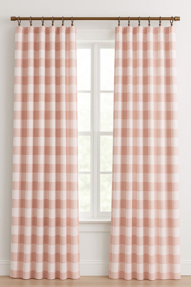 Blush Pink Curtain Panels Plaid Buffalo Check Curtains Window Treatments Country Kitchen Cottage Cabin Decor Pink Nursery Decor Curtains, Children's Playroom Bedroom, Rod Pocket