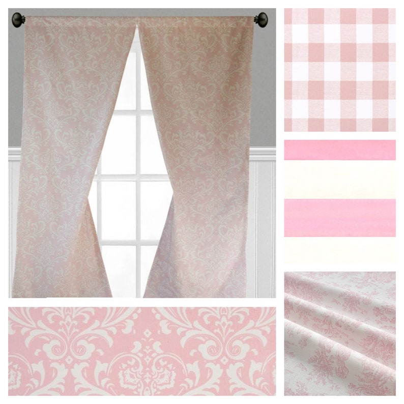 Baby Pink Curtains Window Treatments Drapery Light Blush Pink Girl Nursery Decor Curtain Panels Floral Stripe Toile Drapes Valance Shade