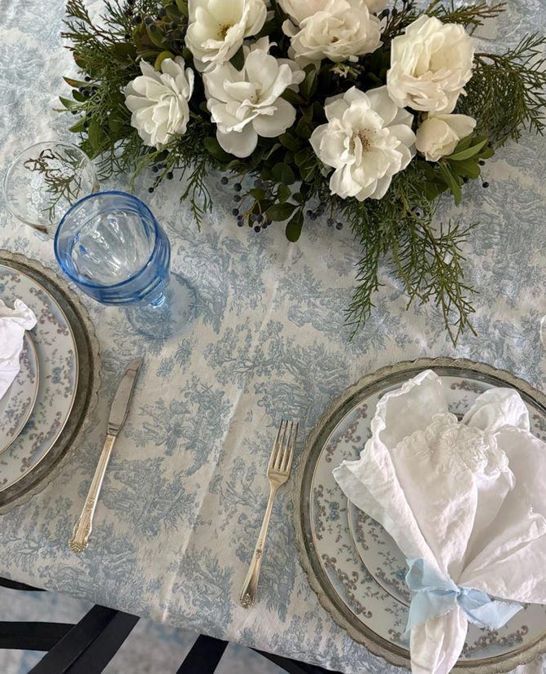 Light Blue Toile Tablecloth Table Cover Linen Toile Table Cloth ...