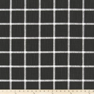 May include: Black and white plaid fabric with a grid pattern. The fabric has a textured appearance, with a dark charcoal background and a white grid overlay. The pattern is evenly spaced, creating a classic design.