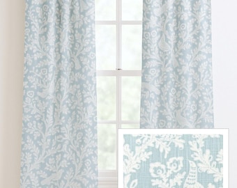 Light Blue Bird Toile Curtains French Colonial Home Decor Nursery Living Room Window Treatments Custom Drapery Panels Valance Cafe Curtains