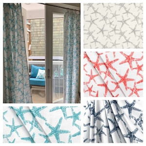 Starfish Curtain Panels Nautical Curtains Beach House Decor Coastal Living Window Treatments Shade Drapery Aqua Navy Blue Coral Valance