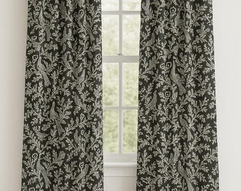 Black Bird Linen Curtains Toile French Colonial Home Decor Ornate Window Treatments Custom Drapery Panels Valance Cafe Curtains Shade