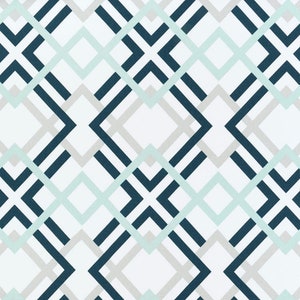 May include: A seamless pattern with a geometric design featuring overlapping squares in shades of teal, grey, and white.