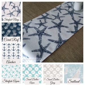Nautical Table Runner Coastal Living Home Decor Navy Aqua Blue Beach House Starfish Coral Reef Sand Dollar Anchor Dining Room Linens