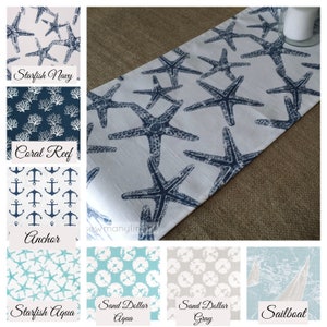 Nautical Table Runner Coastal Living Home Decor Navy Aqua Blue Beach House Starfish Coral Reef Sand Dollar Anchor Dining Room Linens