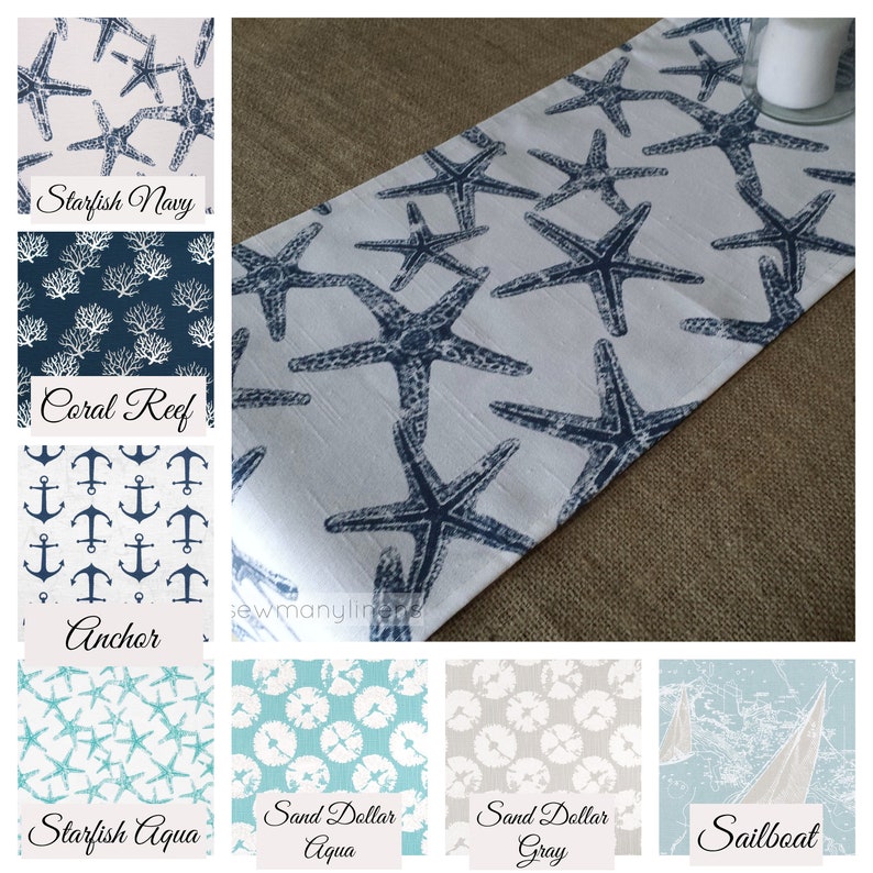 Nautical Table Runner Coastal Living Home Decor Navy Aqua Blue Beach House Starfish Coral Reef Sand Dollar Anchor Dining Room Linens